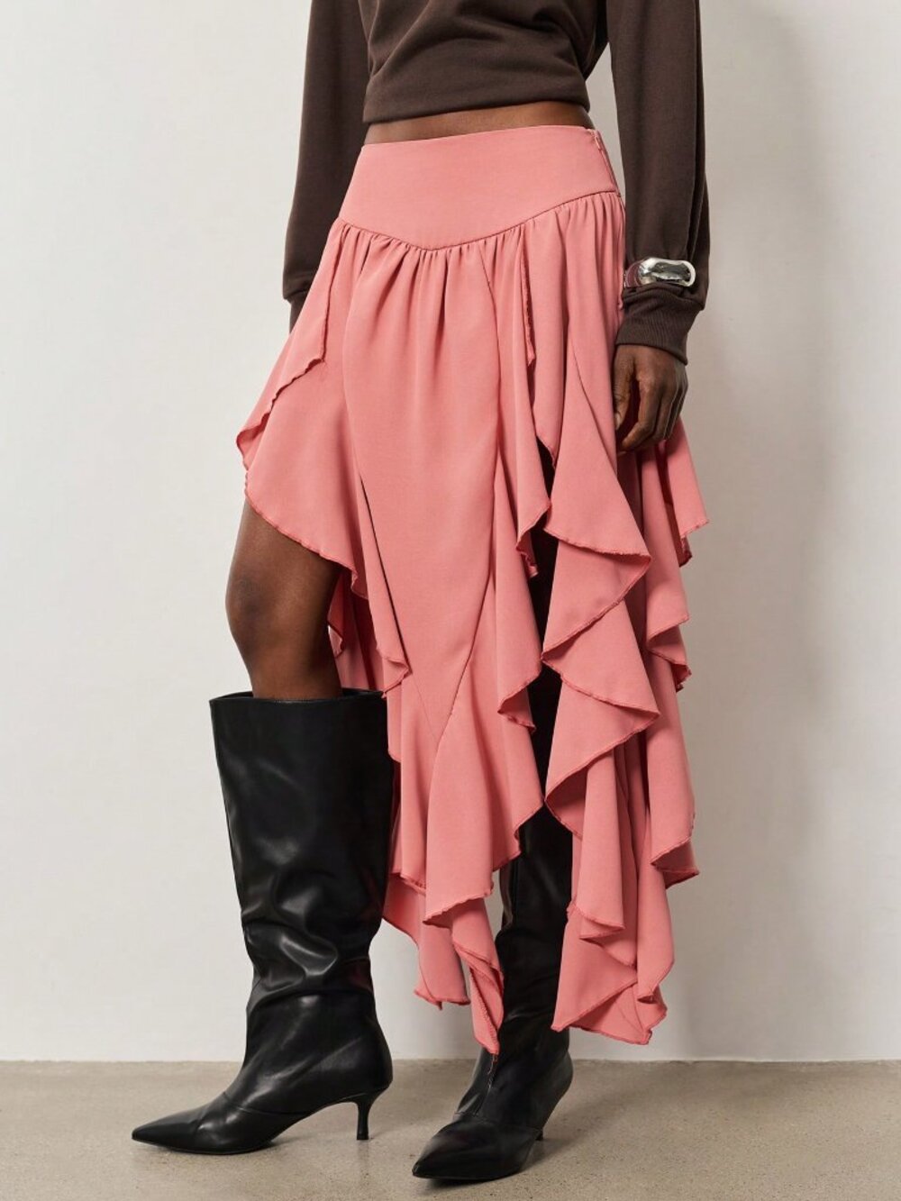 Pink Casual Women's Ruffle Asymmetrical A-Line High Waist Loose Maxi Skirt